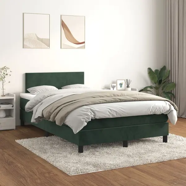 Gossi pat box spring cu saltea, verde inchis, 120x200 cm, catifea