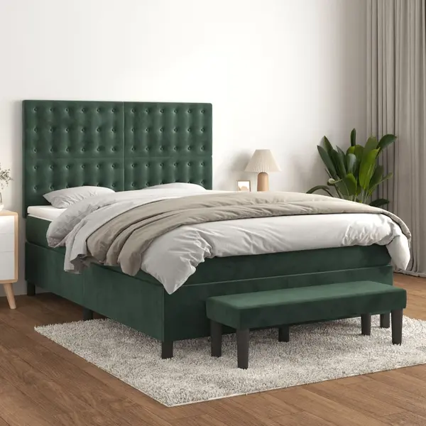 Gossi pat box spring cu saltea, verde inchis, 140x190 cm, catifea