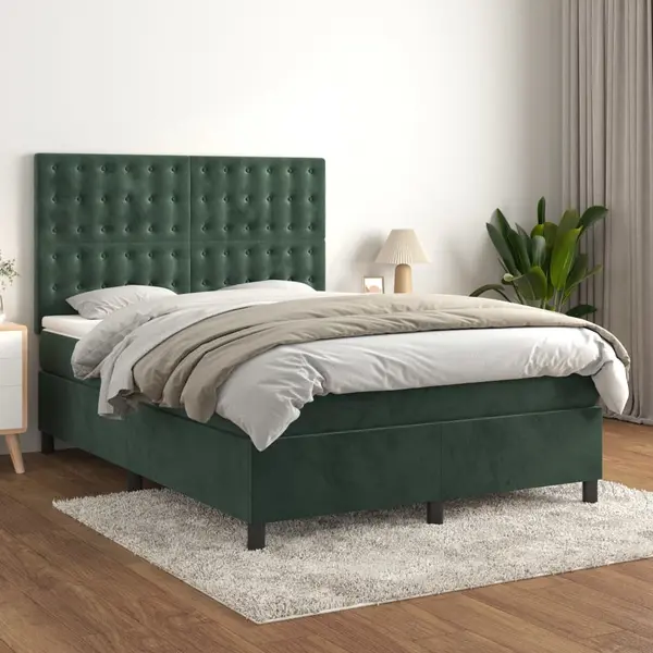 Gossi pat box spring cu saltea, verde inchis, 140x190 cm, catifea