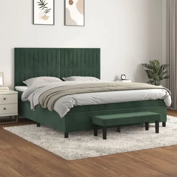 Gossi pat box spring cu saltea, verde inchis, 180x200 cm, catifea