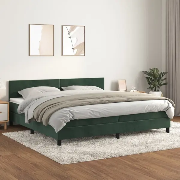 Gossi pat box spring cu saltea, verde inchis, 200x200 cm, catifea