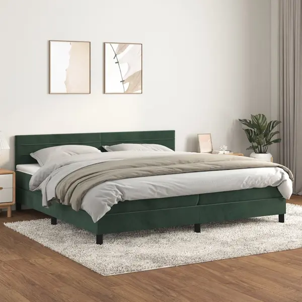 Gossi pat box spring cu saltea, verde inchis, 200x200 cm, catifea