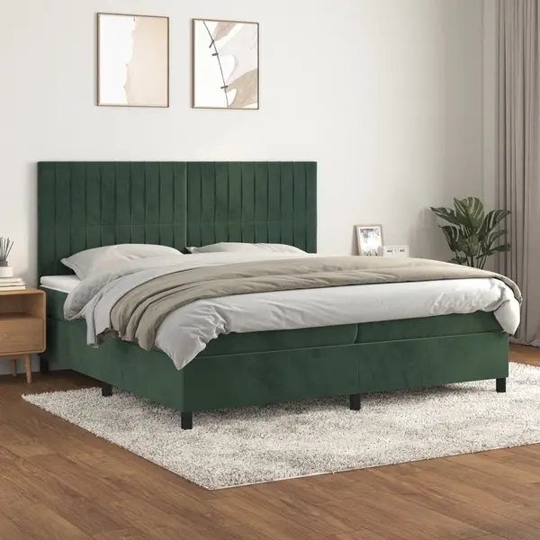 Gossi pat box spring cu saltea, verde inchis, 200x200 cm, catifea
