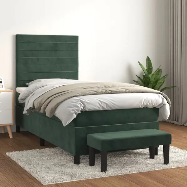 Gossi pat box spring cu saltea, verde inchis, 80x200 cm, catifea