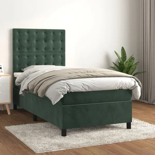 Gossi pat box spring cu saltea, verde inchis, 90x190 cm, catifea