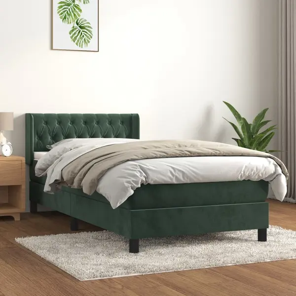 Gossi pat box spring cu saltea, verde inchis, 90x190 cm, catifea