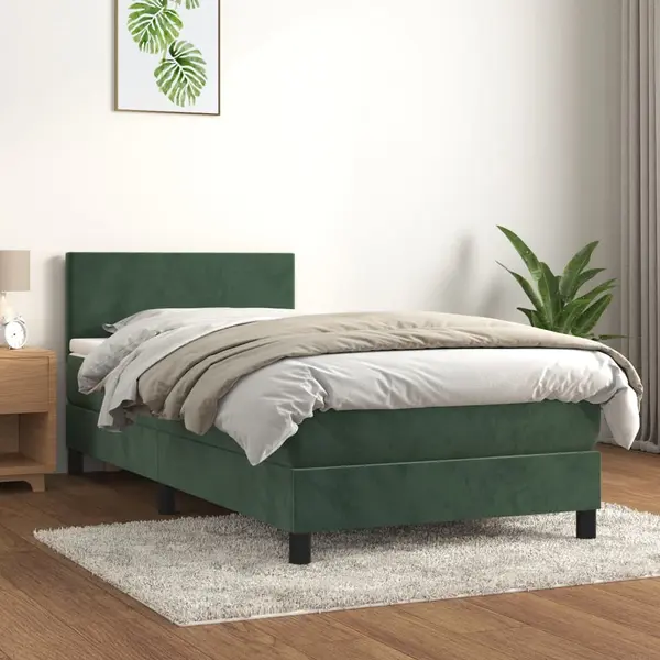 Gossi pat box spring cu saltea, verde inchis, 90x190 cm, catifea