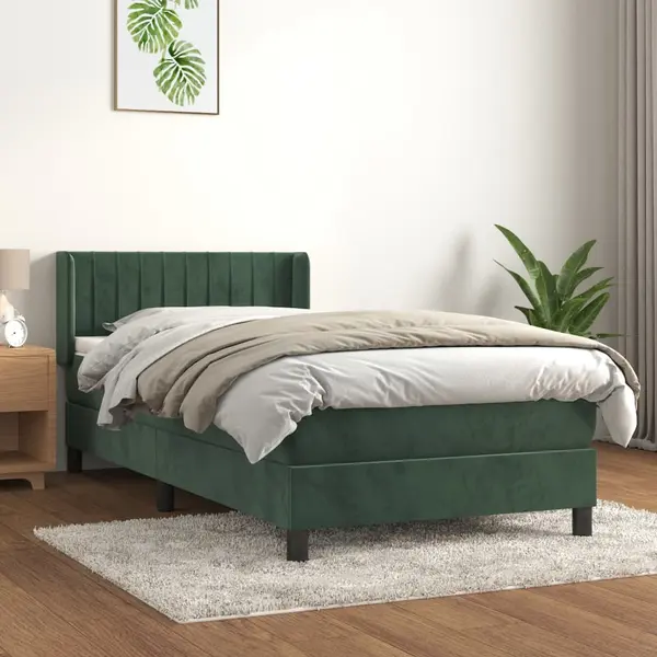 Gossi pat box spring cu saltea, verde inchis, 90x200 cm, catifea