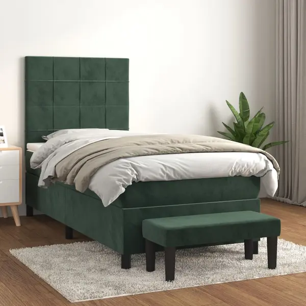 Gossi pat box spring cu saltea, verde inchis, 90x200 cm, catifea