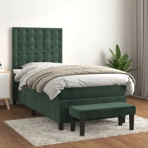 Gossi pat box spring cu saltea, verde inchis, 90x200 cm, catifea