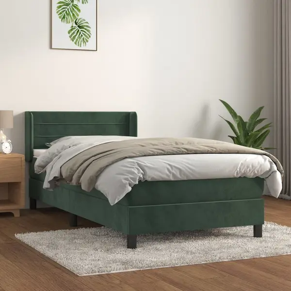Gossi pat box spring cu saltea, verde inchis, 90x200 cm, catifea