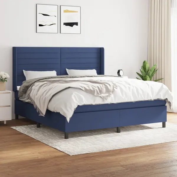 Gossi pat continental cu saltea, albastru, 160x200cm, material textil