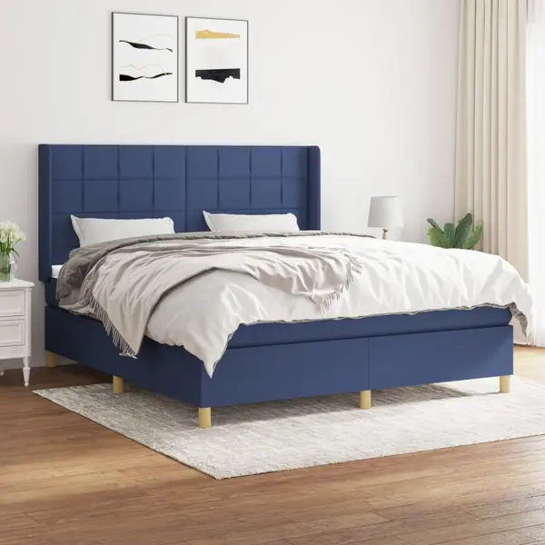 Gossi pat continental cu saltea, albastru, 160x200cm, material textil