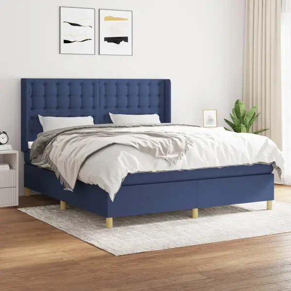 Gossi pat continental cu saltea, albastru, 160x200cm, material textil