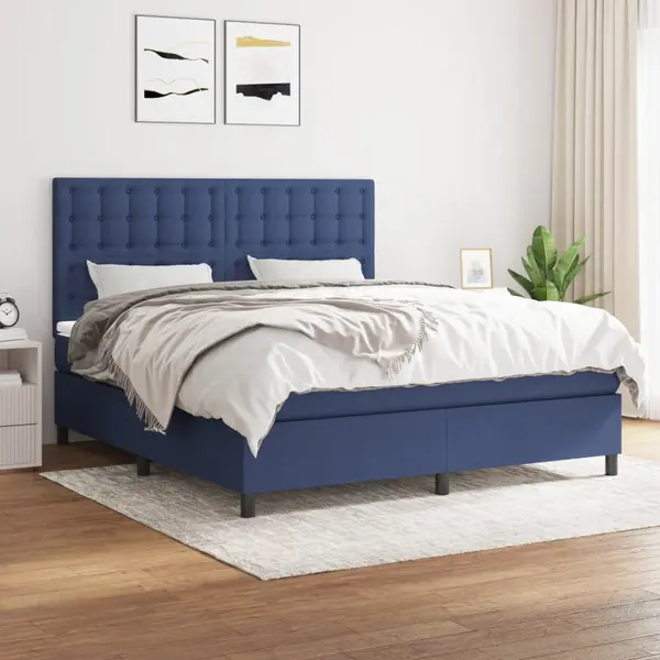 Gossi pat continental cu saltea, albastru, 160x200cm, material textil