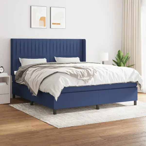 Gossi pat continental cu saltea, albastru, 160x200cm, material textil