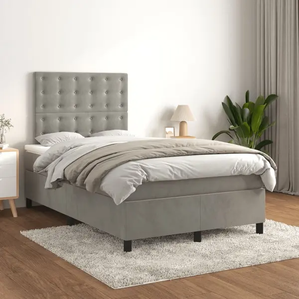 Gossi pat continental cu saltea, gri deschis, 120x200 cm, catifea
