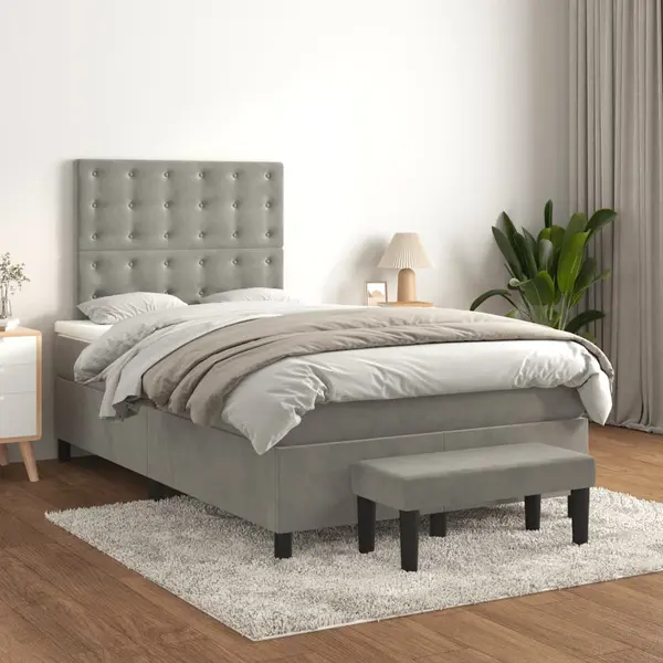 Gossi pat continental cu saltea, gri deschis, 120x200 cm, catifea