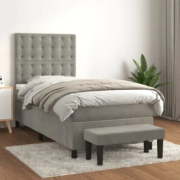 Gossi pat continental cu saltea, gri deschis, 80x200 cm, catifea