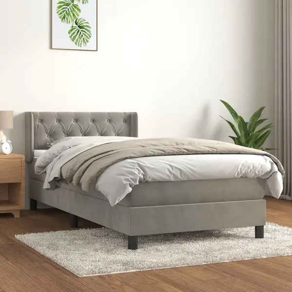 Gossi pat continental cu saltea, gri deschis, 80x200 cm, catifea