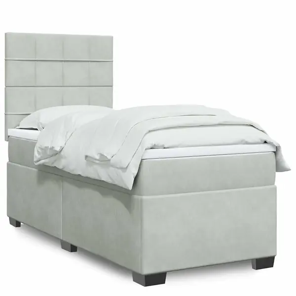 Gossi pat continental cu saltea, gri deschis, 80x200 cm, catifea