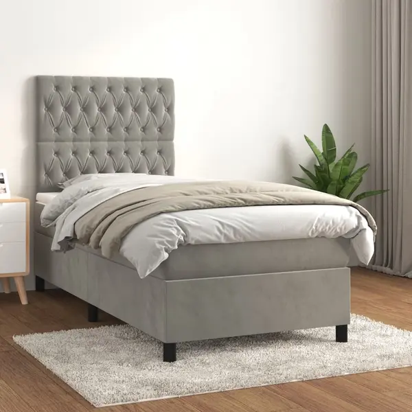 Gossi pat continental cu saltea, gri deschis, 80x200 cm, catifea