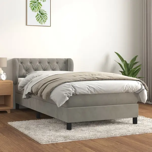Gossi pat continental cu saltea, gri deschis, 80x200 cm, catifea