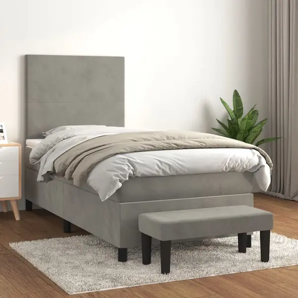 Gossi pat continental cu saltea, gri deschis, 80x200 cm, catifea