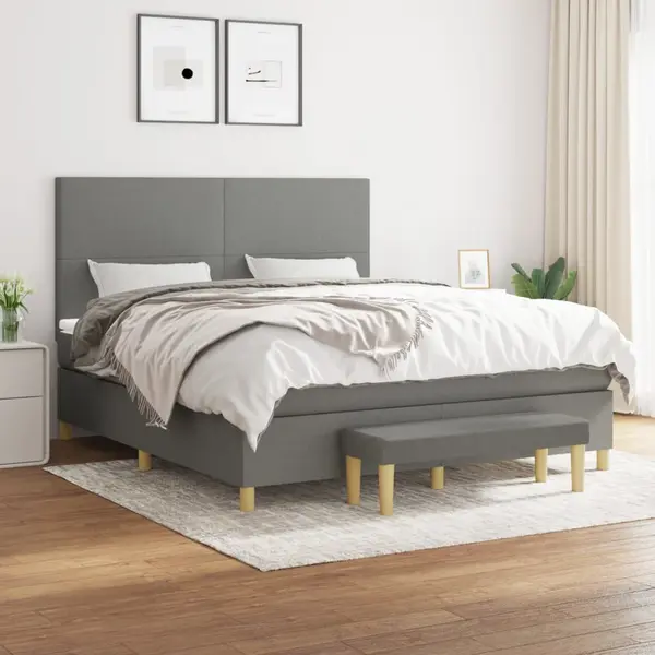 Gossi pat continental cu saltea, gri inchis, 160x200 cm, tesatura