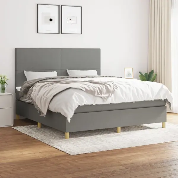 Gossi pat continental cu saltea, gri inchis, 160x200 cm, tesatura