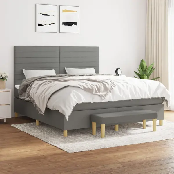 Gossi pat continental cu saltea, gri inchis, 160x200 cm, tesatura