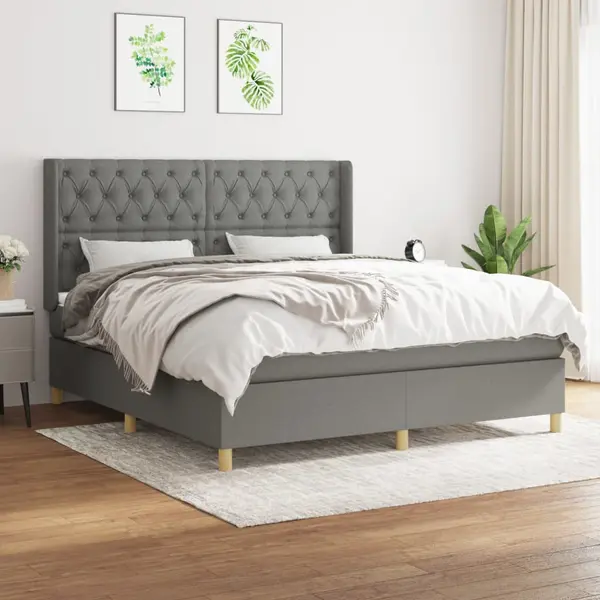 Gossi pat continental cu saltea, gri inchis, 160x200 cm, tesatura