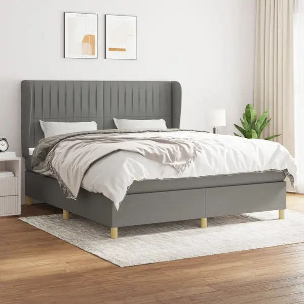 Gossi pat continental cu saltea, gri inchis, 160x200 cm, tesatura