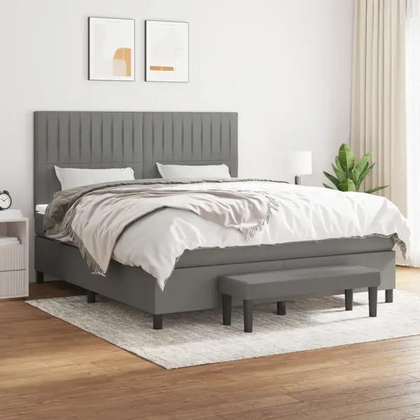 Gossi pat continental cu saltea, gri inchis, 160x200 cm, tesatura