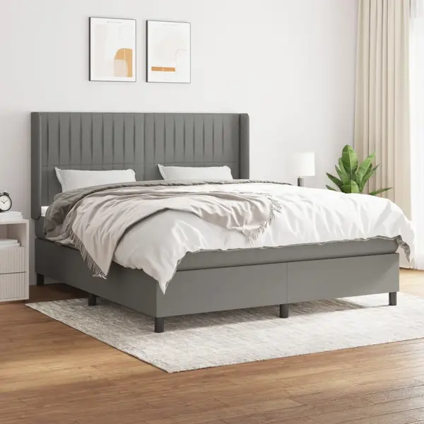 Gossi pat continental cu saltea, gri inchis, 160x200 cm, tesatura