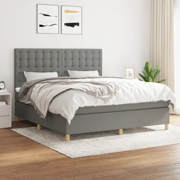 Gossi pat continental cu saltea, gri inchis, 160x200 cm, tesatura