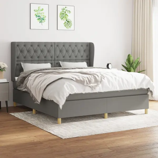 Gossi pat continental cu saltea, gri inchis, 160x200 cm, tesatura