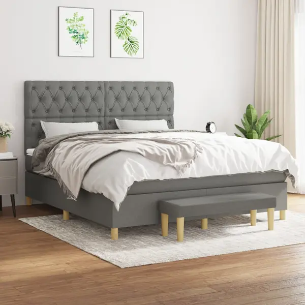 Gossi pat continental cu saltea, gri inchis, 160x200 cm, tesatura