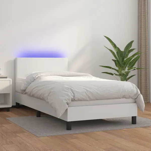 Gossi pat continental cu saltea & led, alb, 90x200 cm, piele eco