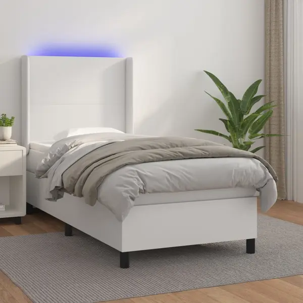 Gossi pat continental cu saltea & led, alb, 90x200 cm, piele eco