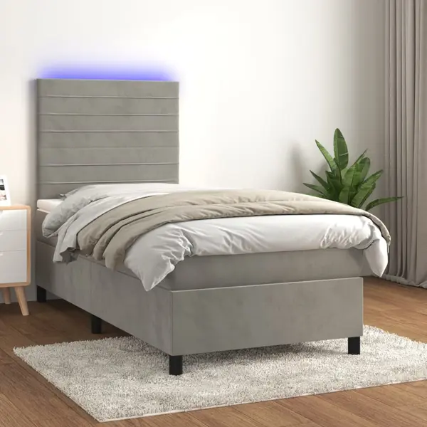 Gossi pat continental cu saltea & led, gri deschis, 80x200 cm catifea