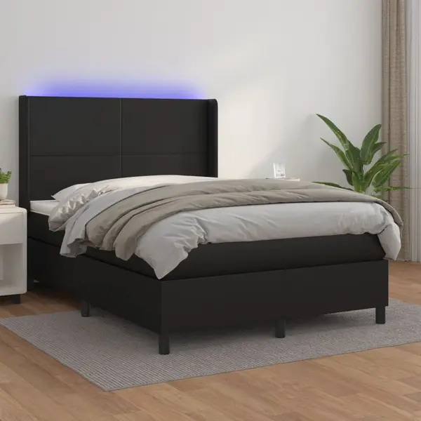 Gossi pat continental cu saltea & led, negru, 140x190 cm, piele eco