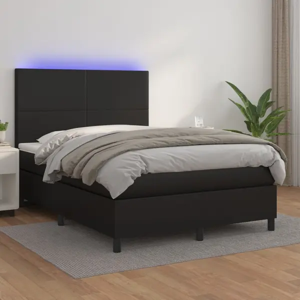 Gossi pat continental cu saltea & led, negru, 140x190 cm, piele eco