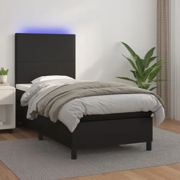 Gossi pat continental cu saltea & led, negru, 80x200 cm, piele eco