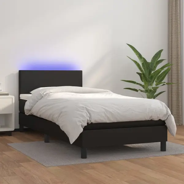 Gossi pat continental cu saltea & led, negru, 80x200 cm, piele eco