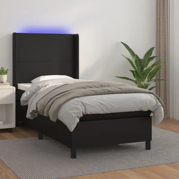 Gossi pat continental cu saltea & led, negru, 80x200 cm, piele eco