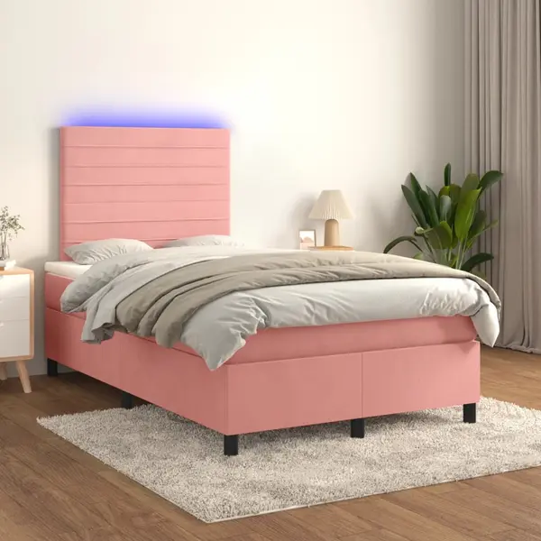 Gossi pat continental cu saltea & led, roz, 120x200 cm, catifea