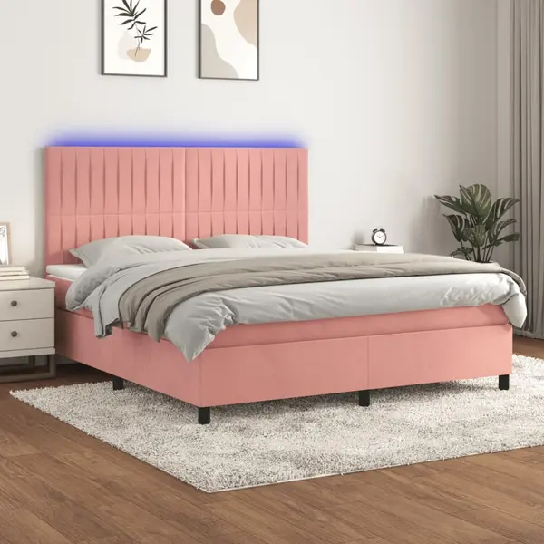 Gossi pat continental cu saltea & led, roz, 120x200 cm, catifea