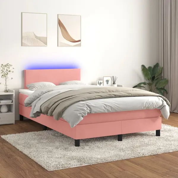 Gossi pat continental cu saltea & led, roz, 120x200 cm, catifea