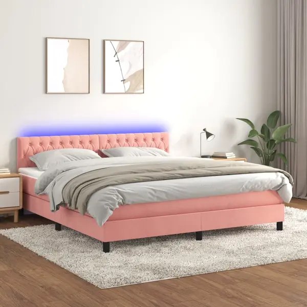 Gossi pat continental cu saltea & led, roz, 180x200 cm, catifea
